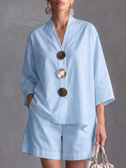Loose Three-Quarter Sleeves Buttoned Pockets Solid Color V-Neck Blouse Top + Shorts Bottom Two Pieces Set