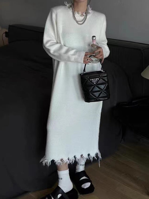 High Waisted Long Sleeves Fringed Solid Color Round-Neck Midi Dresses Sweater Dresses
