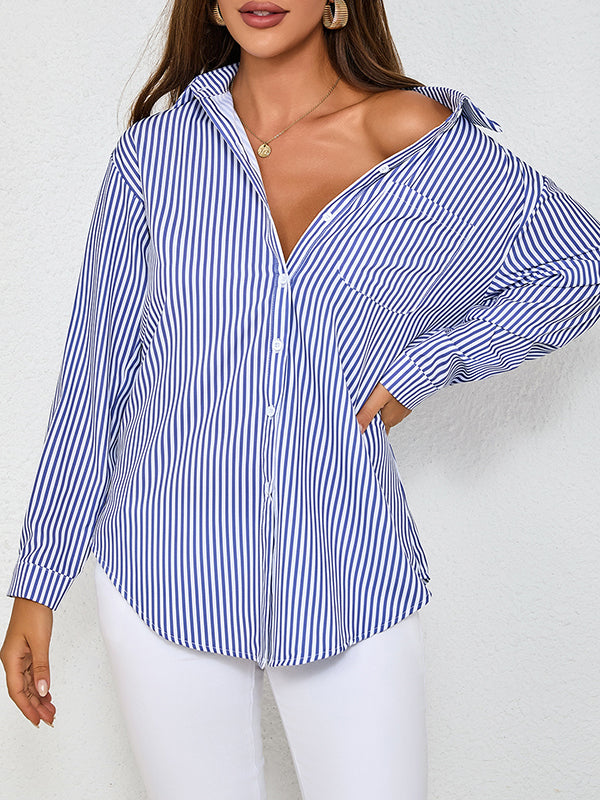 Long Sleeves Loose Split-Joint Striped Lapel Blouses