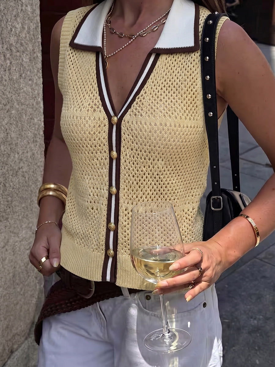 Loose Sleeveless Buttoned Contrast Color Lapel Vest Top