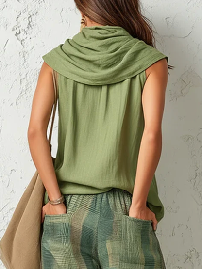 Loose Sleeveless Detachable Pleated Solid Color Halter-Neck Scarf + Tank Top Two Pieces Set