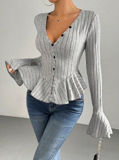Flared Sleeves Long Sleeves Buttoned Ruffled Solid Color Split-Joint Deep V-Neck T-Shirts Tops