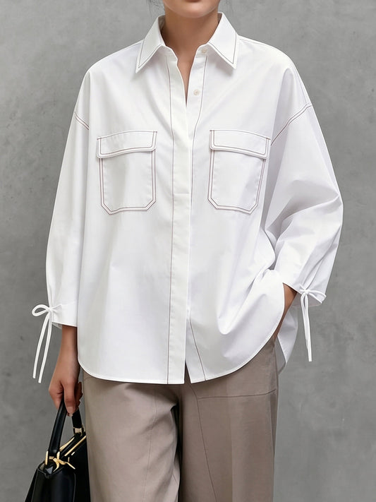 Loose Seven-Quarter Sleeves Buttoned Line Pockets Solid Color Tied Lapel Blouses&Shirts Tops