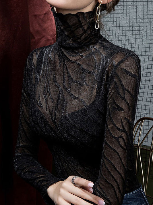 Long Sleeves Plus Size See-Through Solid Color High Neck T-Shirts Tops