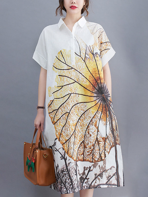 Loose Short Sleeves Buttoned Floral Printed Lapel Collar Midi Dresses Shirt Dress