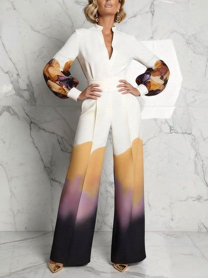 Long Sleeves Puff Sleeves Abstract Printed Contrast Color Split-Joint Stand Collar Blouses&Shirts Tops