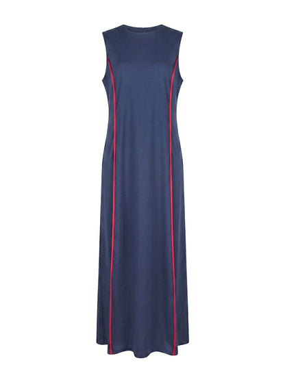 A-Line Loose Contrast Color Pockets Split-Joint Round-Neck Maxi Dresses