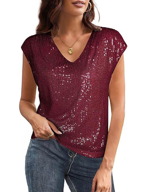 Loose Raglan Sleeve Sequined Solid Color V-Neck T-Shirts Tops