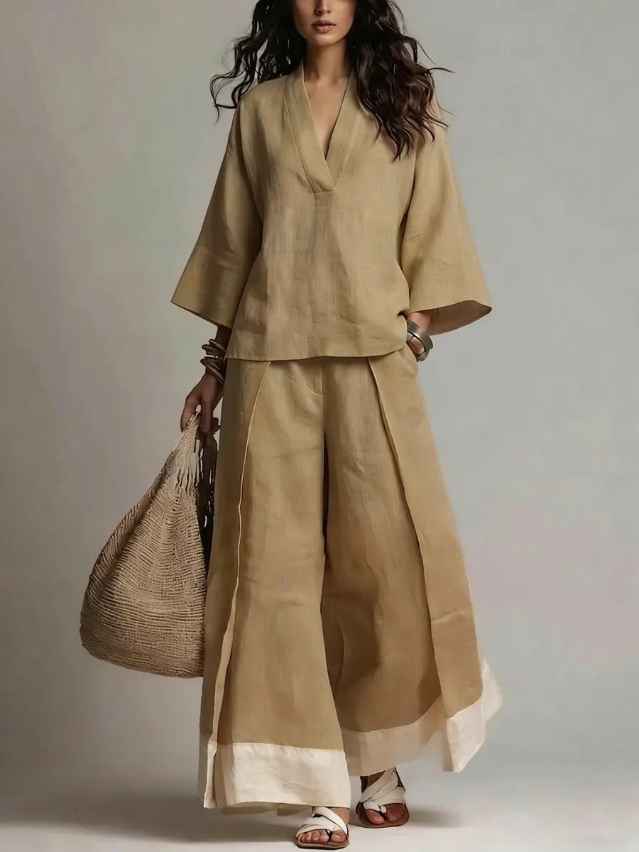 Loose Plus Size Contrast Color Pleated Pockets V-Neck Two Pieces Set