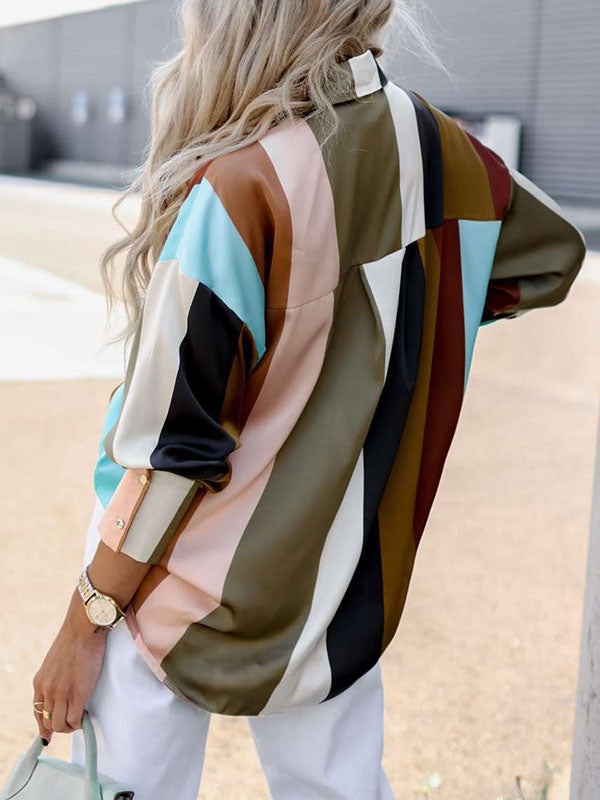 Long Sleeves Loose Contrast Color Printed Lapel Blouses