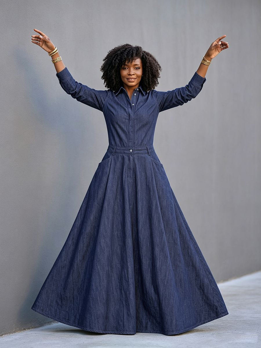 Split-Joint Solid Color Pockets Buttoned Long Sleeves High Waisted Lapel Maxi Dresses