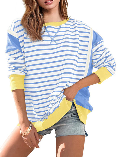 Long Sleeves Loose Split-Joint Striped Round-Neck T-Shirts