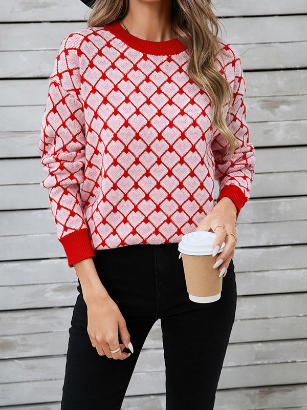 Long Sleeves Loose Contrast Color Jacquard Split-Joint Round-Neck Pullovers Sweater Tops