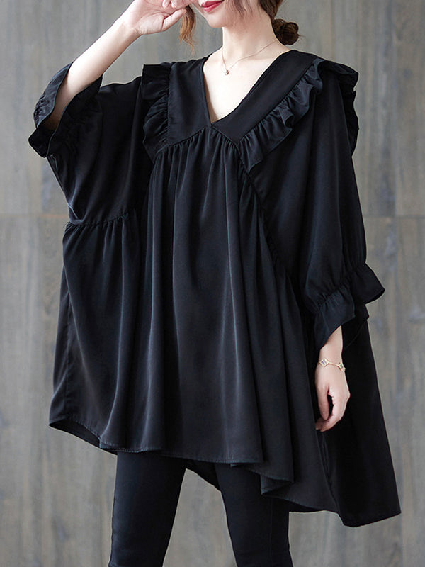 Loose Ruffle Sleeves Ruffled Solid Color Peter Pan Collar Blouses&Shirts Tops