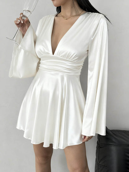 Bodycon Elasticated Waist Solid Color Deep V-Neck Mini Dresses