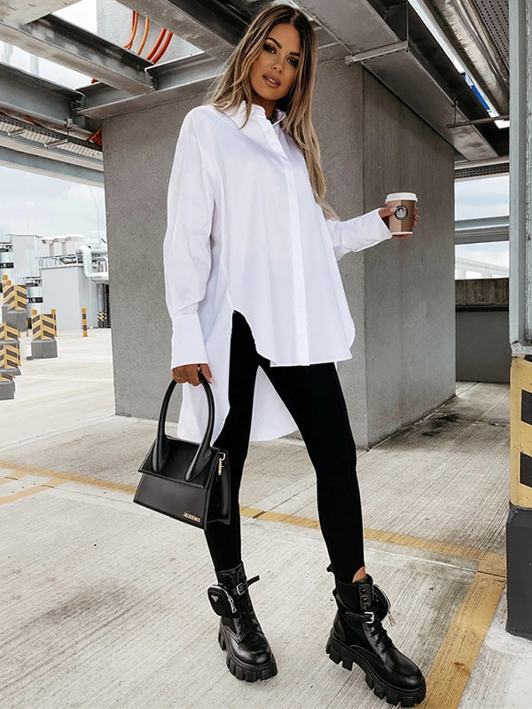 Urban Long Sleeves High-Low Solid Color Lapel Collar Blouses