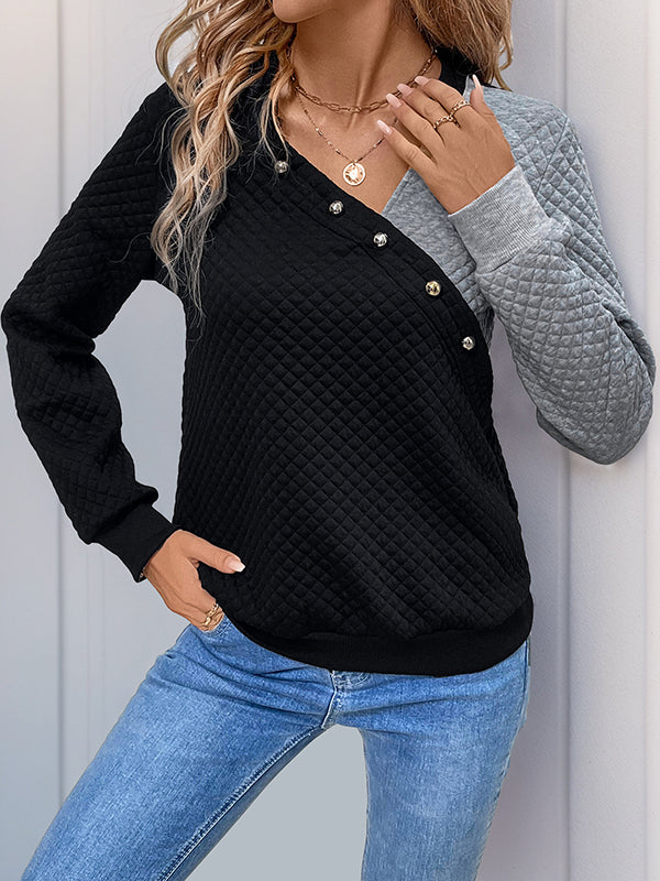Long Sleeves Loose Buttoned Contrast Color Split-Joint V-Neck Sweatshirt Tops
