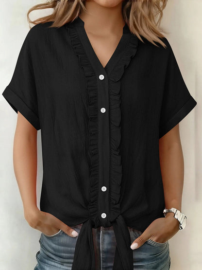 Loose Short Sleeves Buttoned Knot Ruffle Trim Solid Color V-Neck Blouses&Shirts Tops