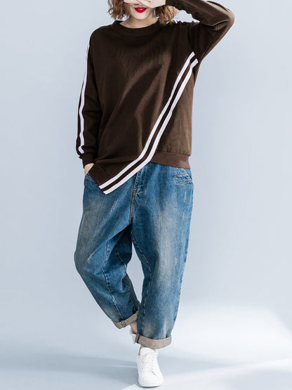 Cropped Long Sleeves Striped Round-Neck Hoodies&Sweatshirt