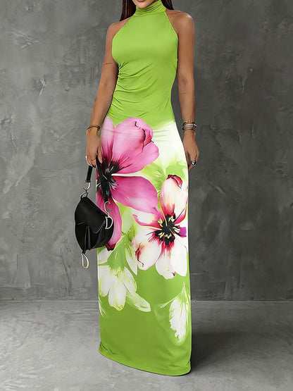 High Waisted Sleeveless Contrast Color Flower Print Split-Joint Mock Neck Maxi Dresses