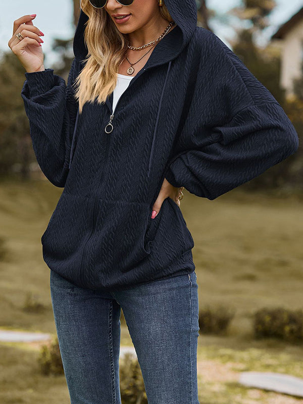 Long Sleeves Loose Drawstring Hooded Pockets Solid Color Zipper V-Neck Outerwear