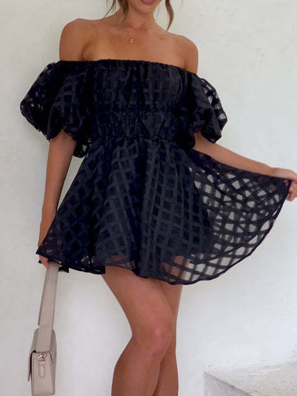 High Waisted Loose Elasticity Solid Color Split-Joint Off-The-Shoulder Mini Dresses