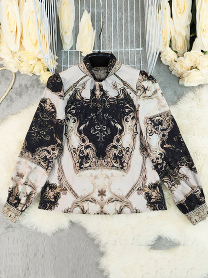 Long Sleeves Loose Contrast Color Pleated Printed Split-Joint Stand Collar Blouses&Shirts Tops