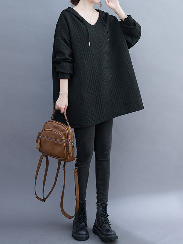 Hooded Long Sleeves Drawstring Jacquard Solid Color Split-Joint Hoodies Tops