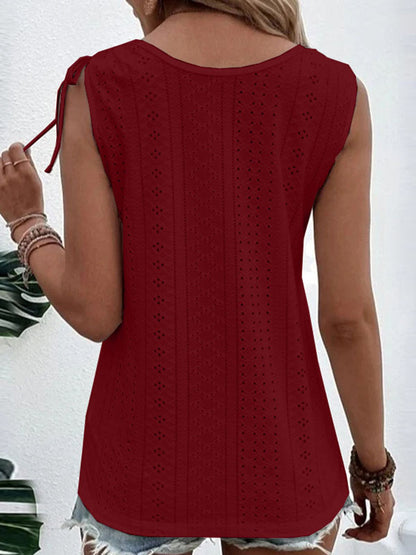 Loose Plus Size Buttoned Hollow Pleated Split-Joint Tied U-neck Vest Top
