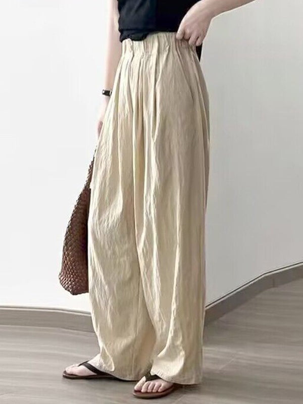 High Waisted Loose Elasticity Pleated Pockets Solid Color Pants Trousers