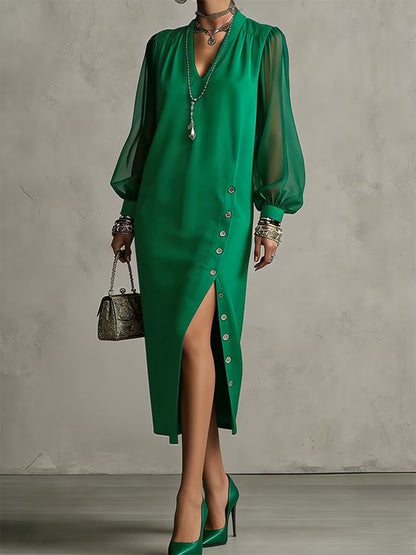 Long Sleeves Puff Sleeves Buttoned Pleated Pockets Solid Color Split-Side V-Neck Midi Dresses