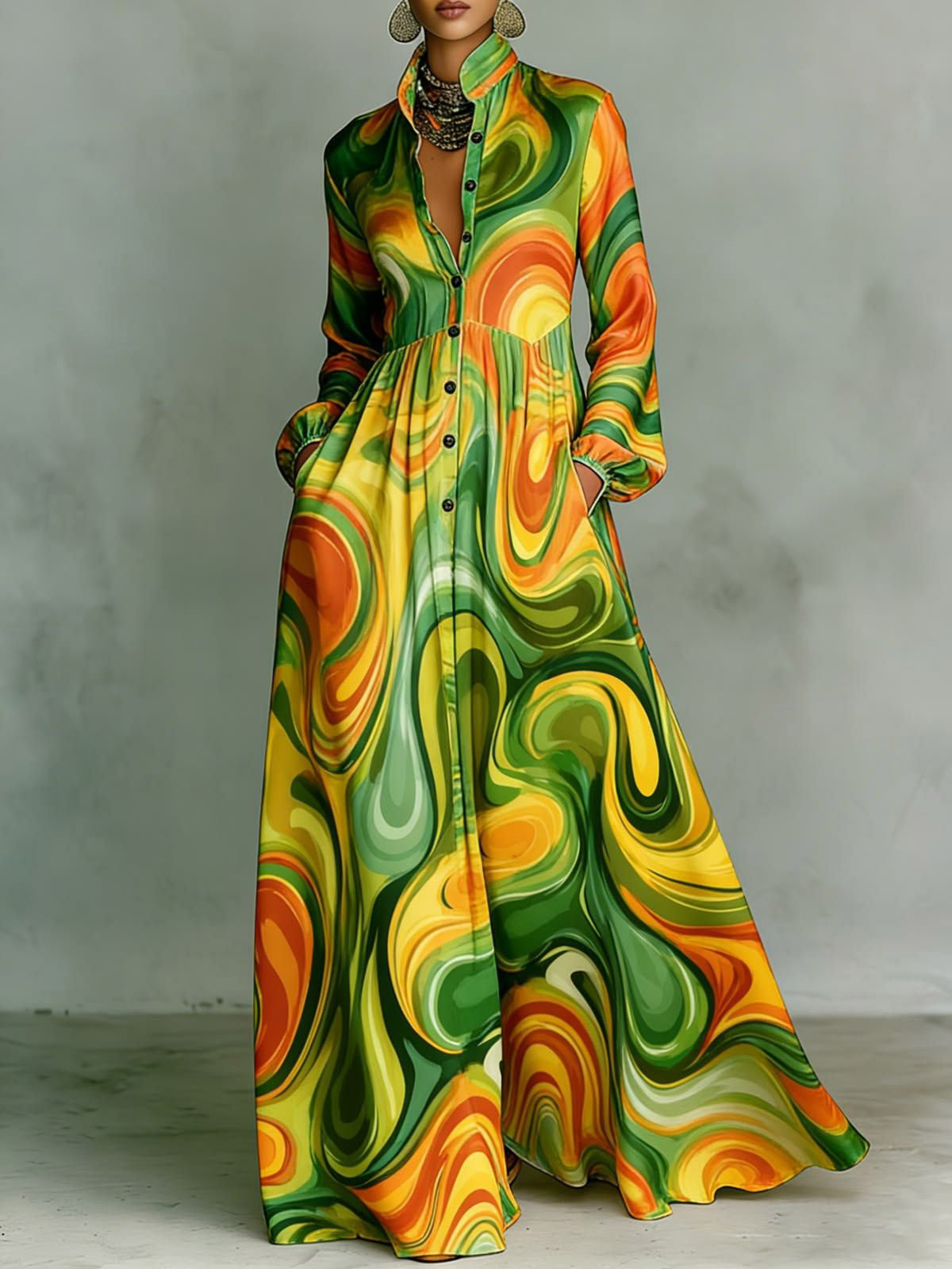 Printed Pockets Pleated Contrast Color Loose Long Sleeves Stand Collar Maxi Dresses