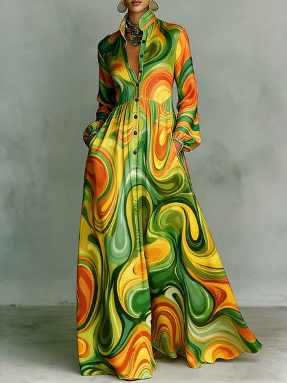 Printed Pockets Pleated Contrast Color Loose Long Sleeves Stand Collar Maxi Dresses