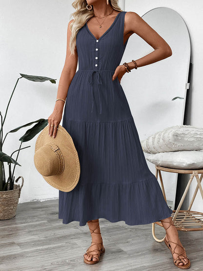 A-Line High Waisted Buttoned Pleated Solid Color Tied Waist V-Neck Maxi Dresses