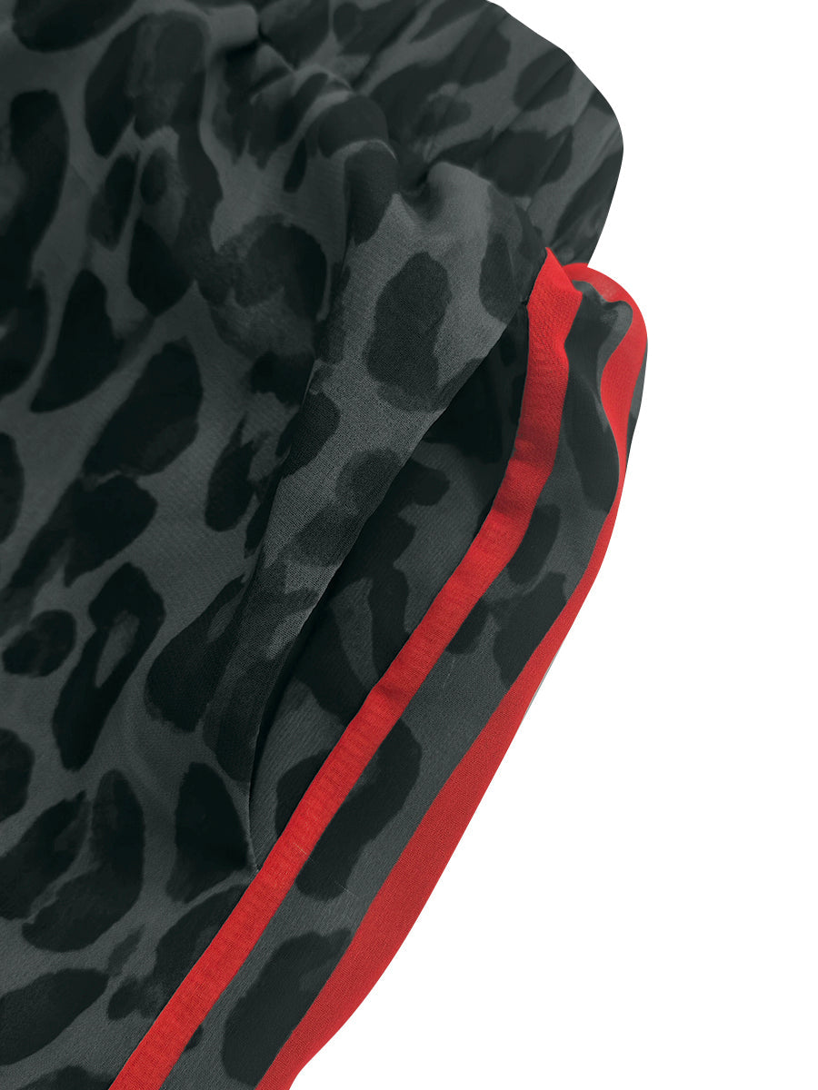 Loose Wide Leg Contrast Color Leopard Pockets See-Through Split-Joint Striped Pants Trousers