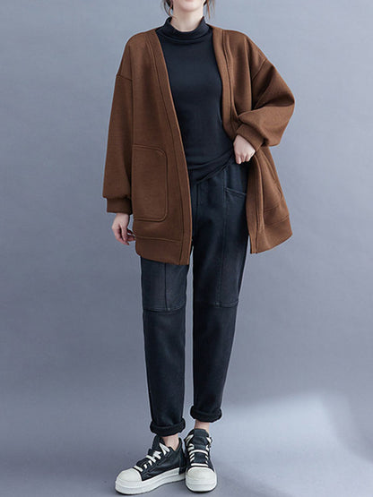 Long Sleeves Loose Pockets Solid Color Collarless Outerwear