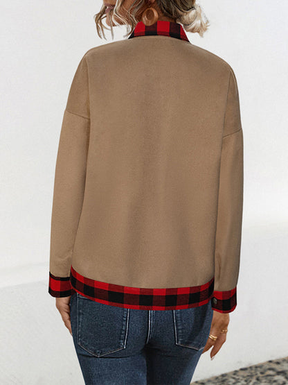 Long Sleeves Loose Buttoned Plaid Pockets Split-Joint Lapel Woolen Coat