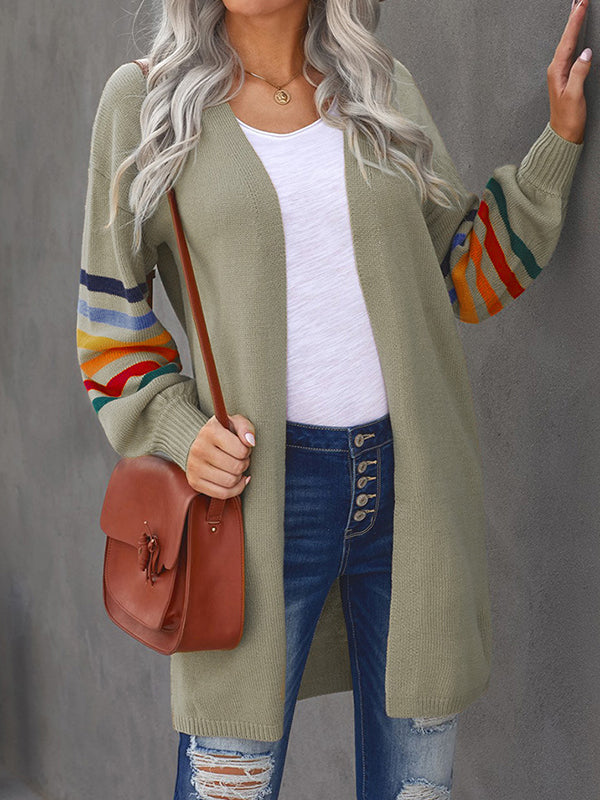 Long Sleeves Loose Colorful Contrast Color Striped Collarless Cardigan Tops