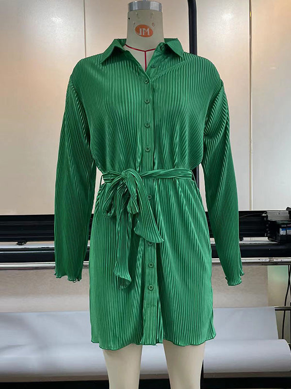 Long Sleeves Loose Buttoned Solid Color Tied Waist Lapel Mini Dresses