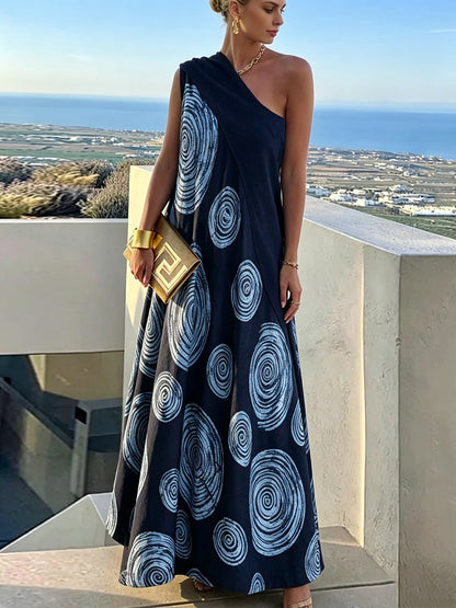 A-Line Loose Contrast Color Pleated Printed Split-Joint One-Shoulder Maxi Dresses