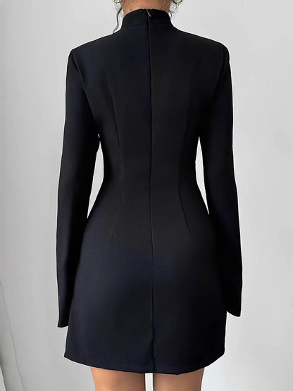 A-Line Flared Sleeves Contrast Color Pockets Split-Joint Zipper Mock Neck Mini Dresses