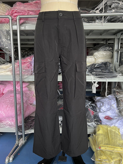 Loose Wide Leg Buttoned Pockets Solid Color Split-Joint Pants Trousers