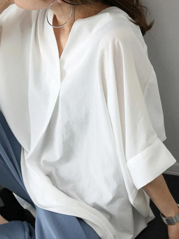 Half Sleeves High-Low Pleated Solid Color Split-Joint V-Neck Blouses&Shirts Tops
