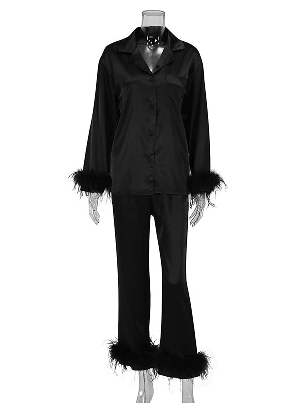 Long Sleeves Buttoned Feathers Split-Joint Notched Collar Shirts Top + Pants Bottom Pajama Sets