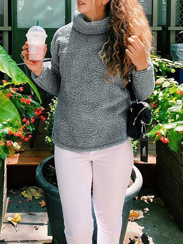 Long Sleeves Loose Solid Color Split-Joint High Neck Sweatshirt Tops