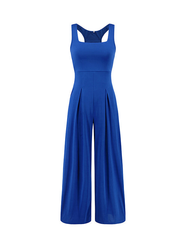 Loose Sleeveless Pleated Solid Color Spaghetti-Neck Jumpsuits