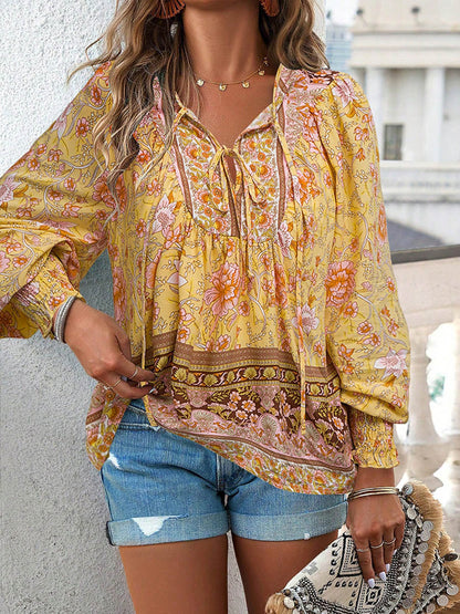 Long Sleeves Loose Contrast Color Drawstring Flower Print Pleated Split-Joint V-Neck Blouses&Shirts Tops