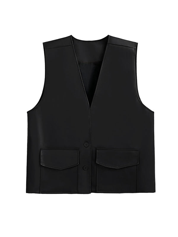 Loose Solid Color V-Neck Sleeveless Buttoned Pockets Vest Top + High Waisted Elasticity Tasseled Skirt Bottom Two Pieces Set