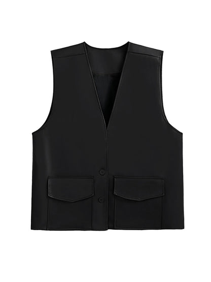 Loose Solid Color V-Neck Sleeveless Buttoned Pockets Vest Top + High Waisted Elasticity Tasseled Skirt Bottom Two Pieces Set
