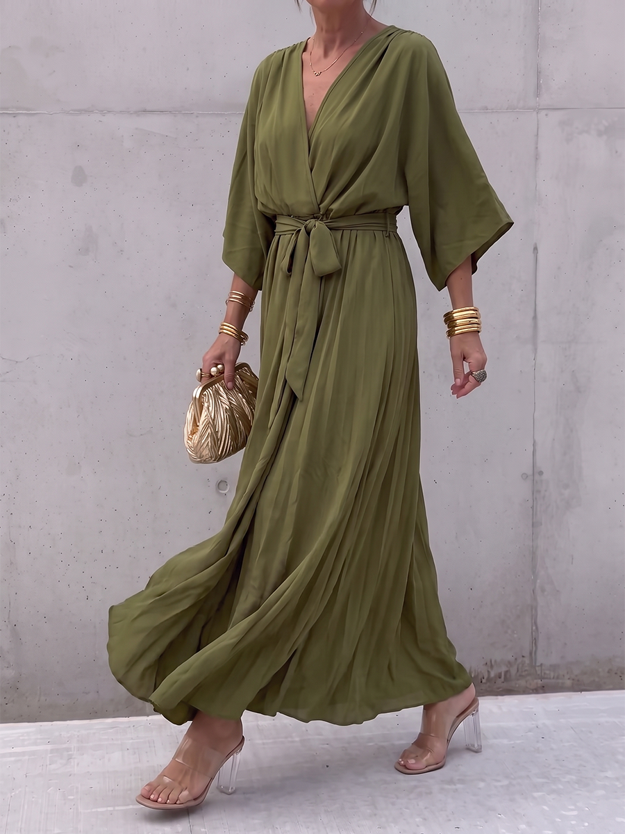 Tied Solid Color See-Through Pleated Asymmetric Plus Size Long Sleeves V-neck Maxi Dresses